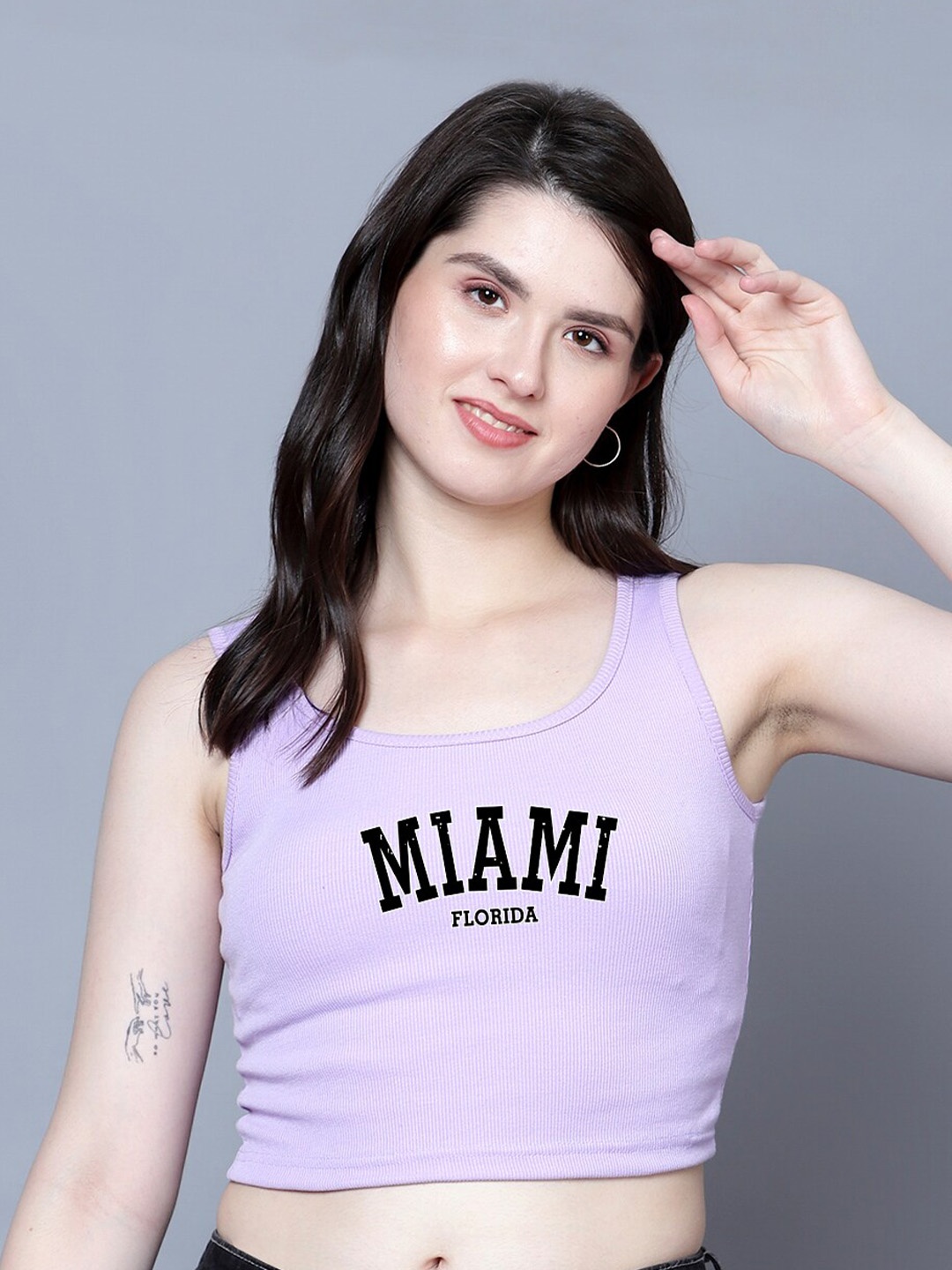 

Fashion And Youth Typography Printed Round Neck Tank Crop Top, Lavender