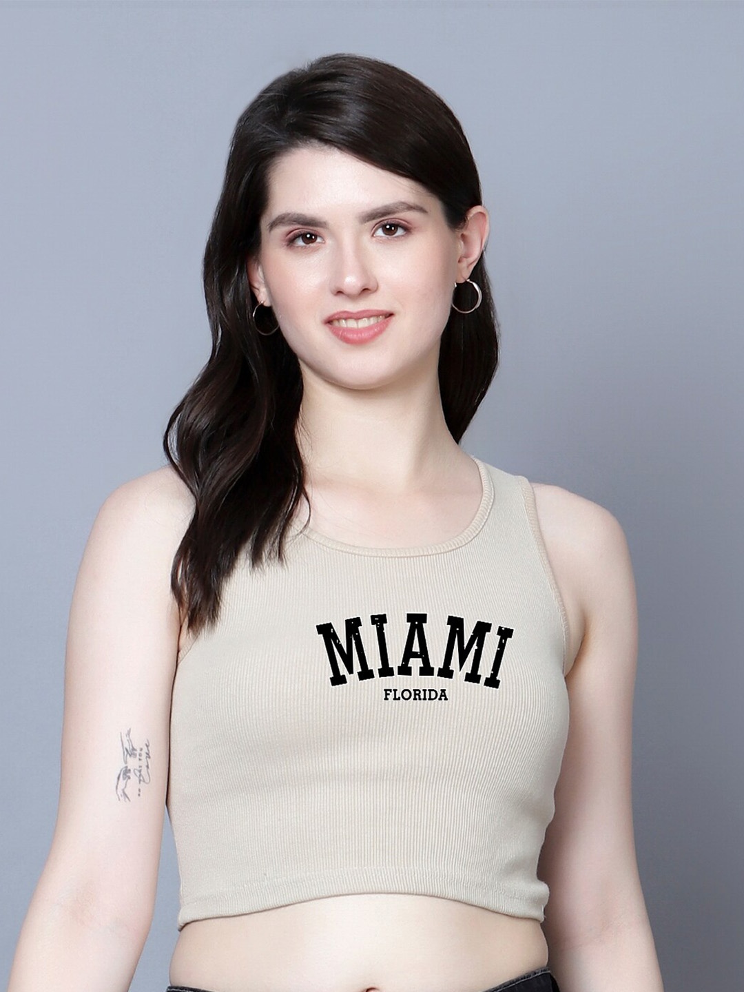 

Fashion And Youth Cotton Round Neck Sleeveless Crop Fitted Casual Top, Beige