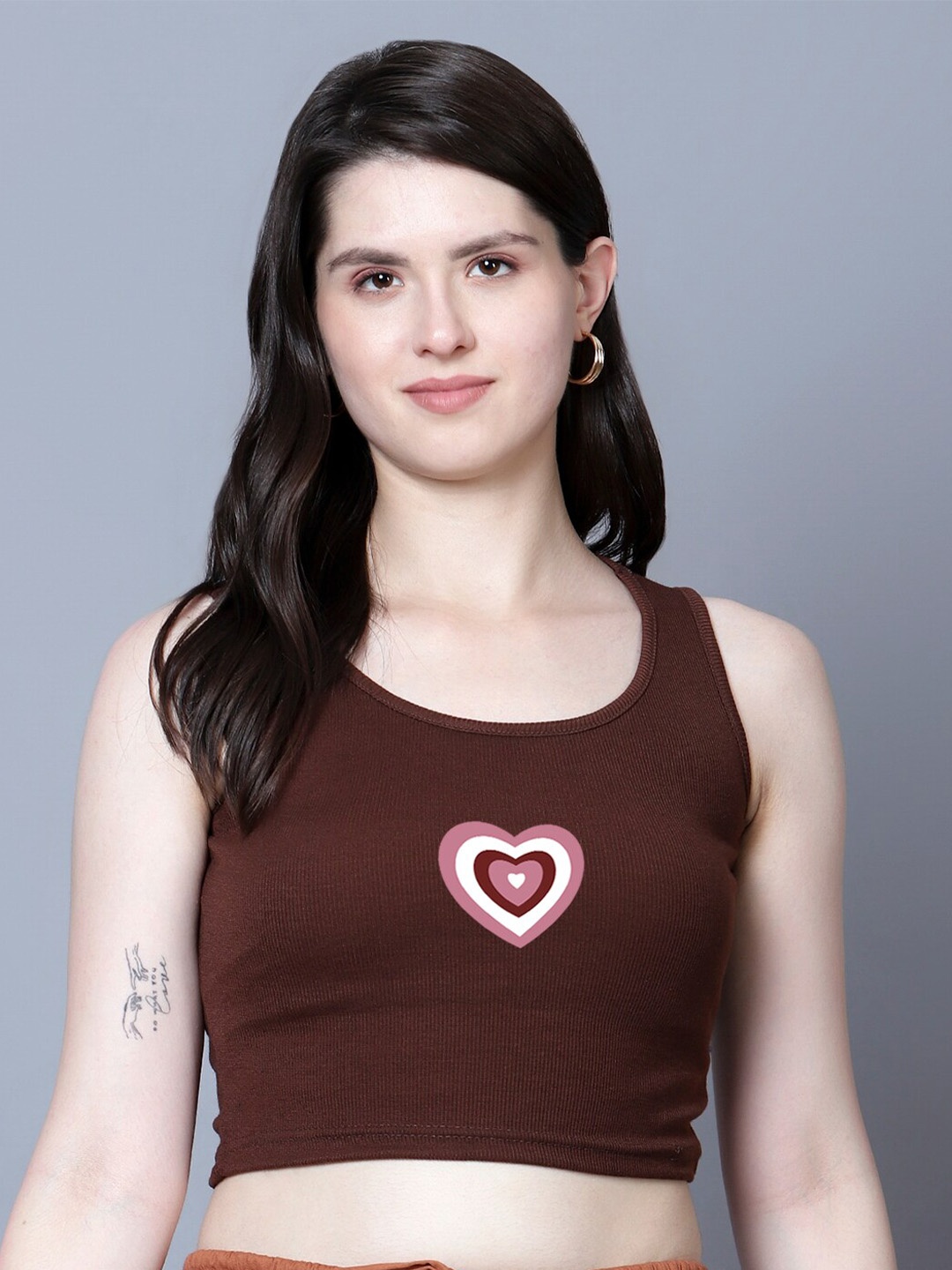 

Fashion And Youth Cotton Round Neck Sleeveless Crop Fitted Casual Top, Coffee brown