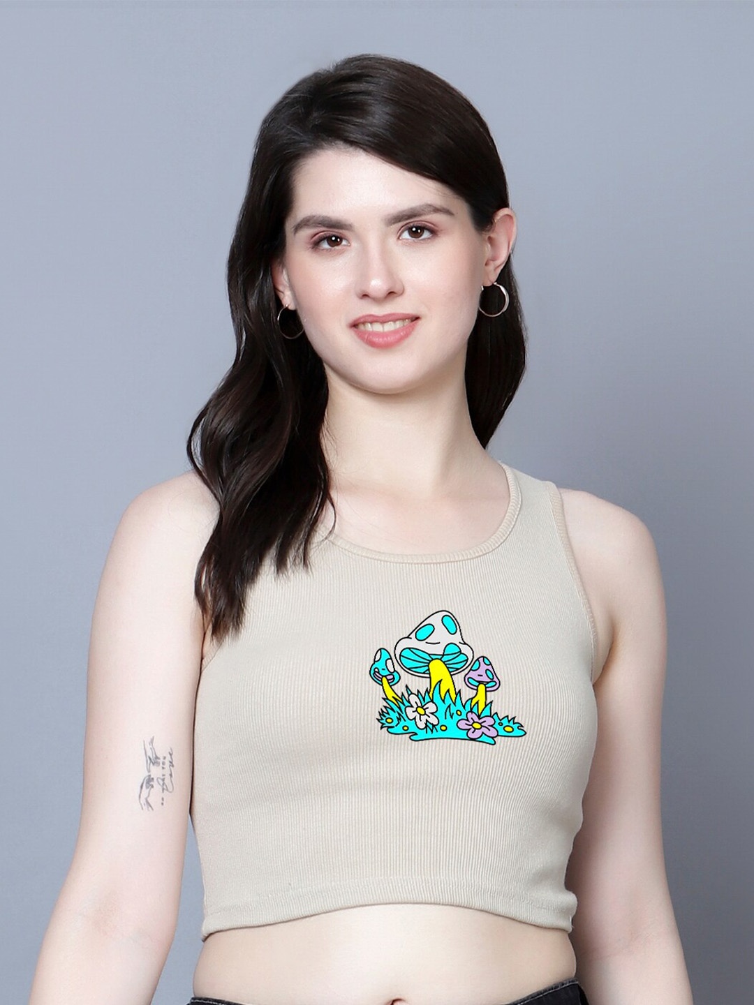 

Fashion And Youth Printed Round Neck Tank Crop Top, Beige