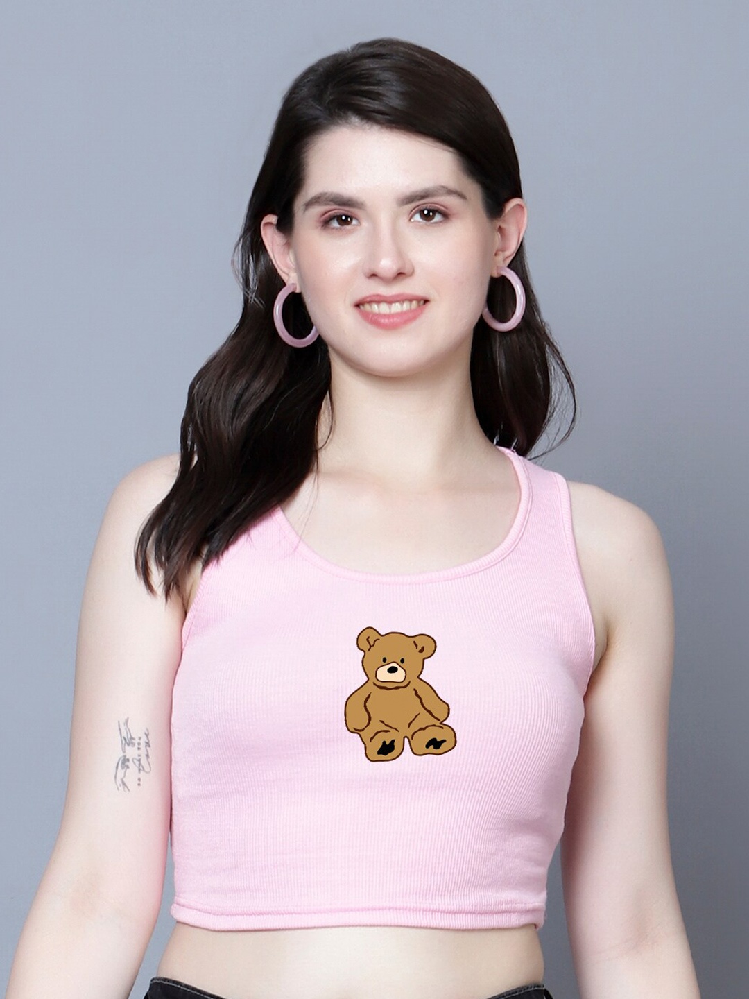 

Fashion And Youth Printed Round Neck Tank Crop Top, Pink