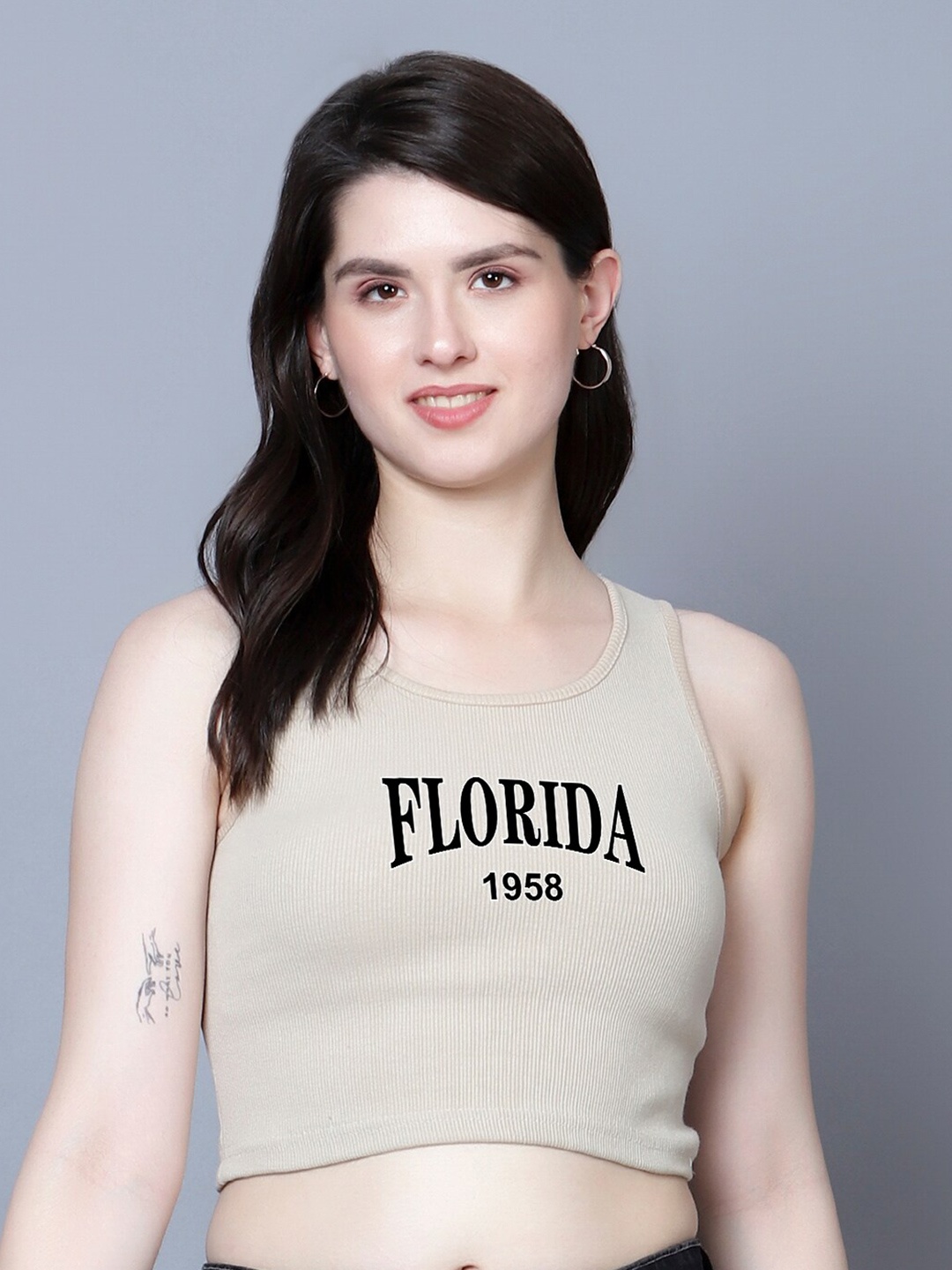 

Fashion And Youth Typography Printed Round Neck Sleeveless Fitted Crop Top, Beige