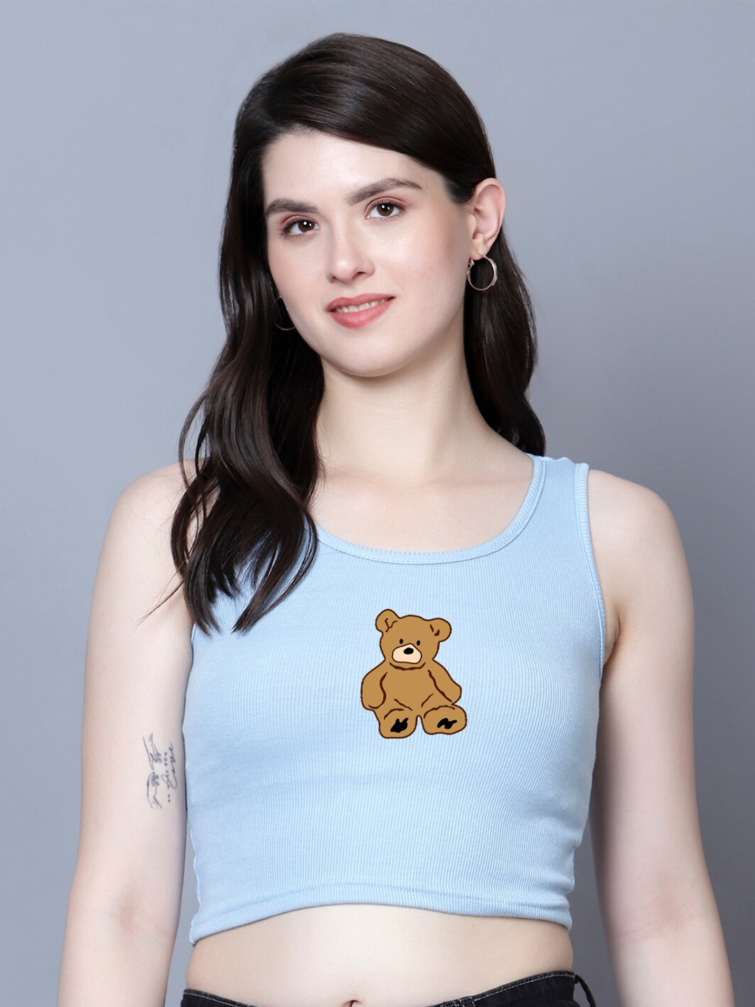 

Fashion And Youth Graphic Printed Round Neck Tank Crop Top, Turquoise blue
