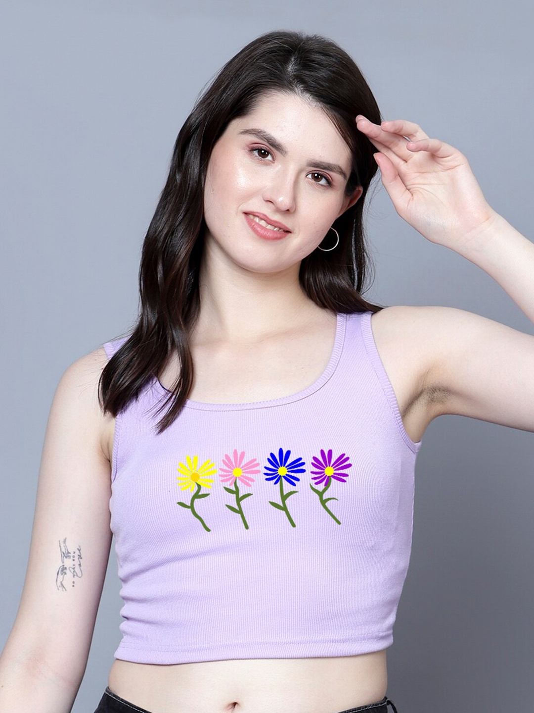

Fashion And Youth Graphic Printed Round Neck Tank Crop Top, Lavender