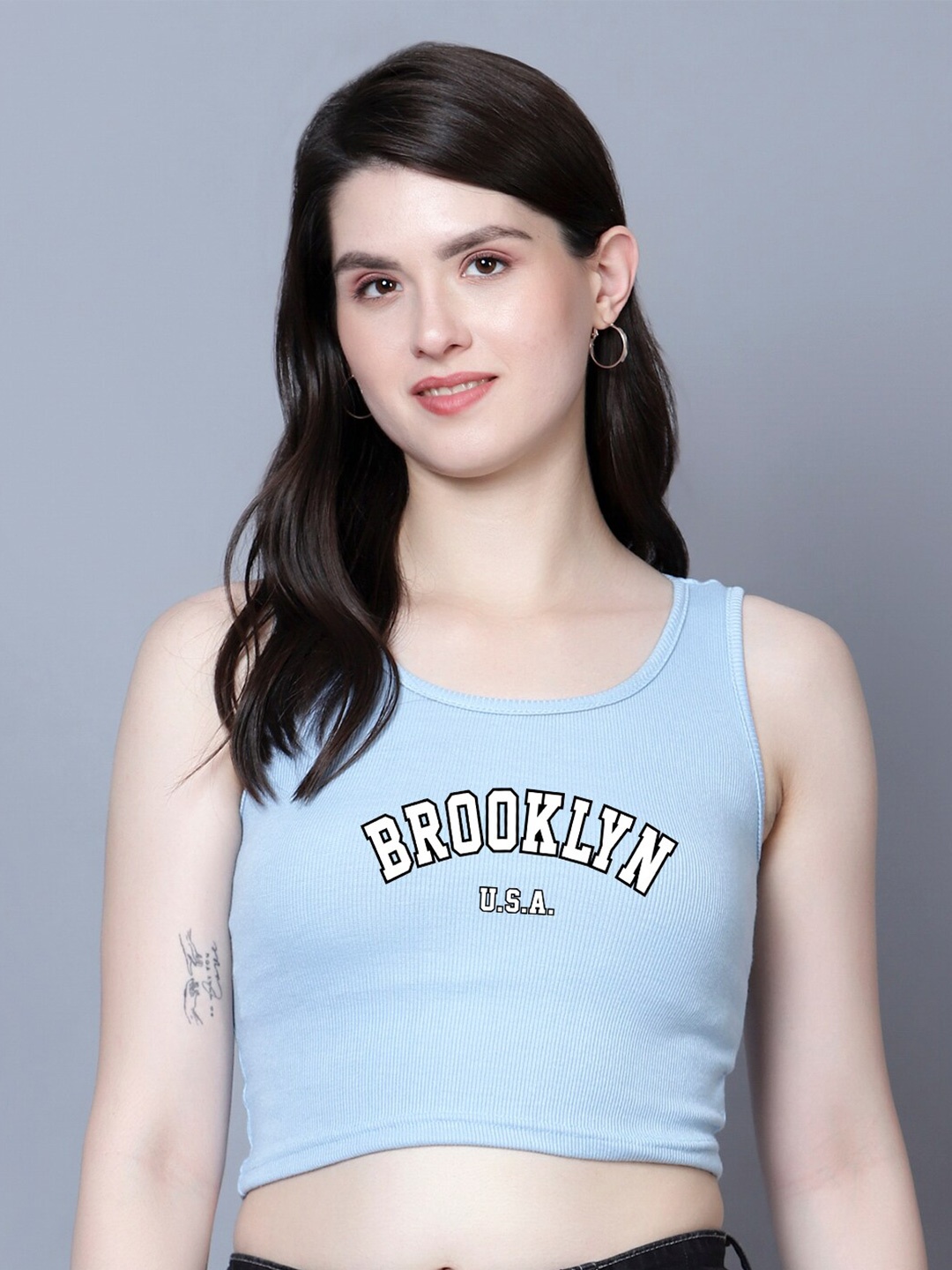 

Fashion And Youth Typography Printed Crop Top, Turquoise blue