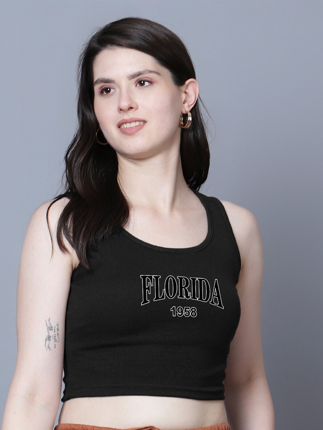 

Fashion And Youth Typography Printed Round Neck Tank Crop Top, Black