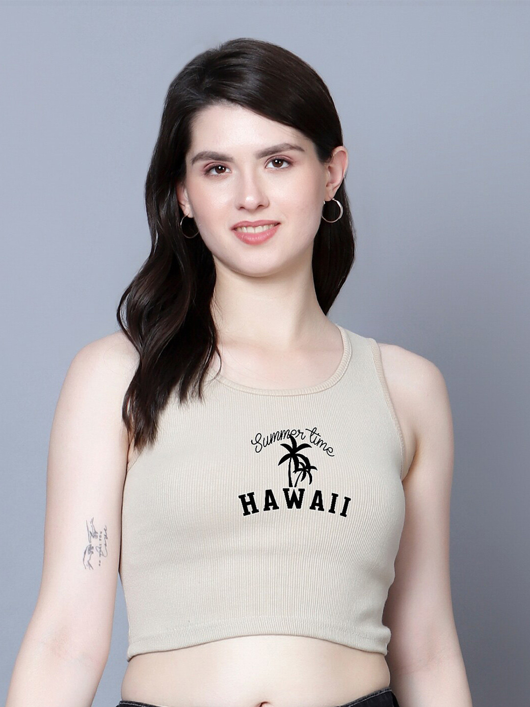 

Fashion And Youth Typography Printed Round Neck Sleeveless Fitted Crop Top, Beige