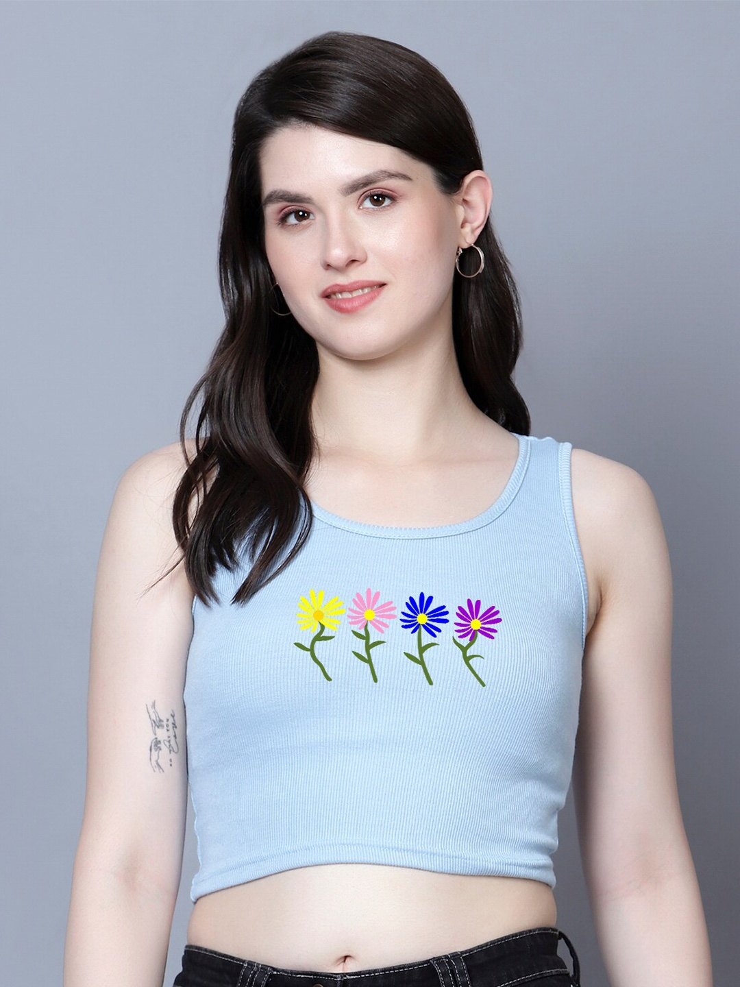 

Fashion And Youth Floral Printed Crop Top, Turquoise blue