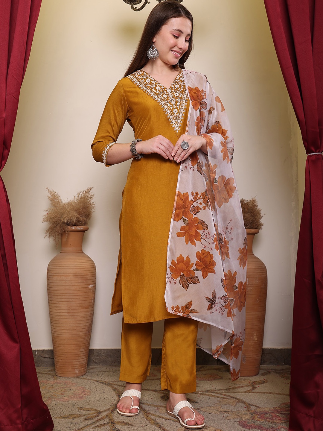

House of Pataudi Embroidered V-Neck Kurta With Trousers & Dupatta, Mustard
