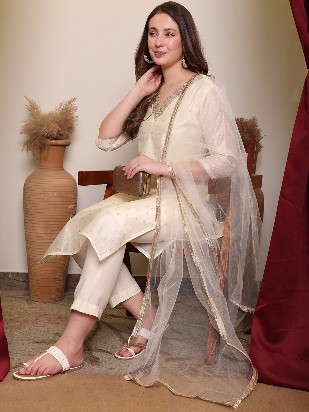 

House of Pataudi Floral Woven Design V-Neck Straight Kurta With Trouser & Dupatta, Off white