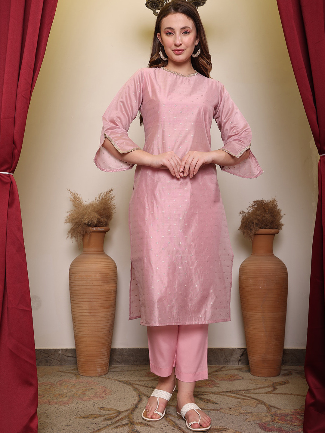 

House of Pataudi Floral Woven Design Round Neck Straight Kurta With Trouser, Pink
