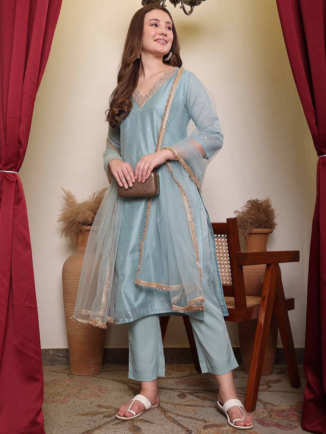 

House of Pataudi Woven Design Round Neck Three-Quarter Sleeves Chanderi Cotton Kurta Set, Blue