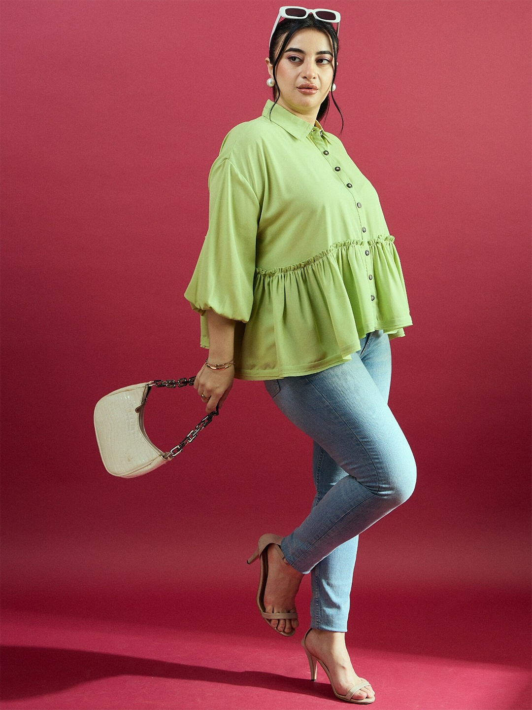 

CURVE BY KASSUALLY Comfort Spread Collar Three-Quarter Sleeves Casual Shirt, Green