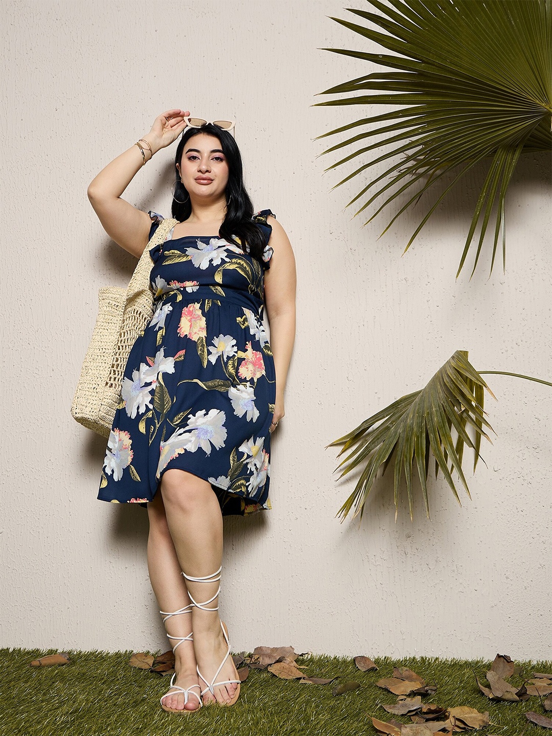 

CURVE BY KASSUALLY Plus Size Blue Floral Print Sleeveless Tie-Ups A-Line Dress