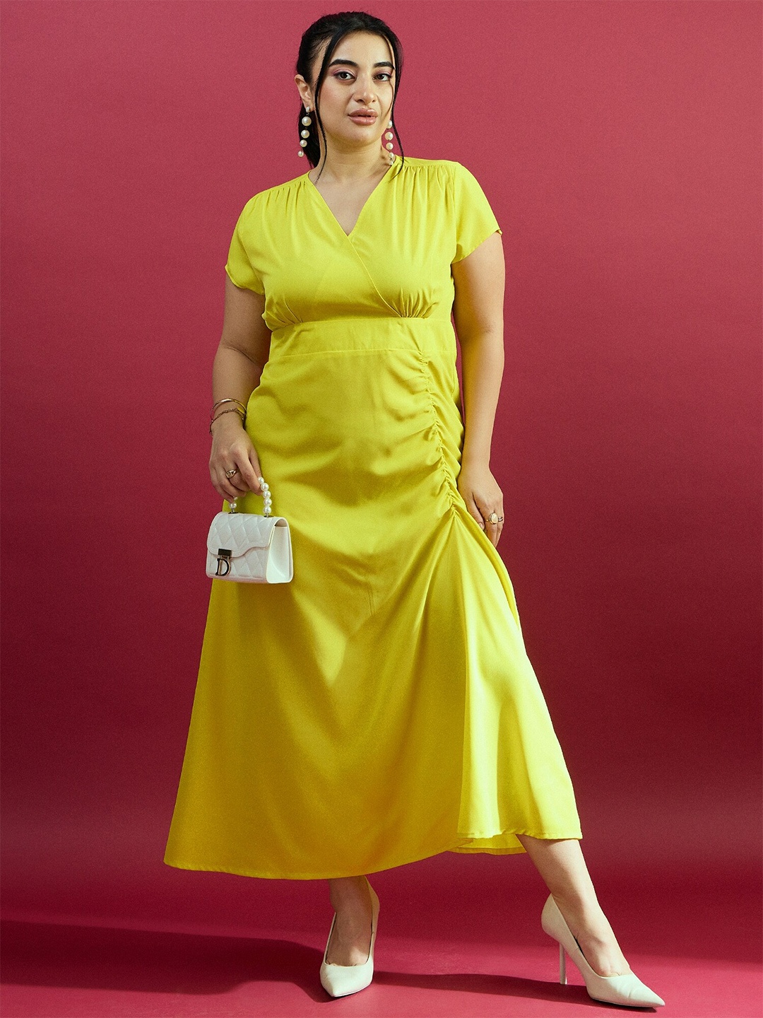 

CURVE BY KASSUALLY Plus Size Yellow V-Neck Crepe Ruched Maxi Dress