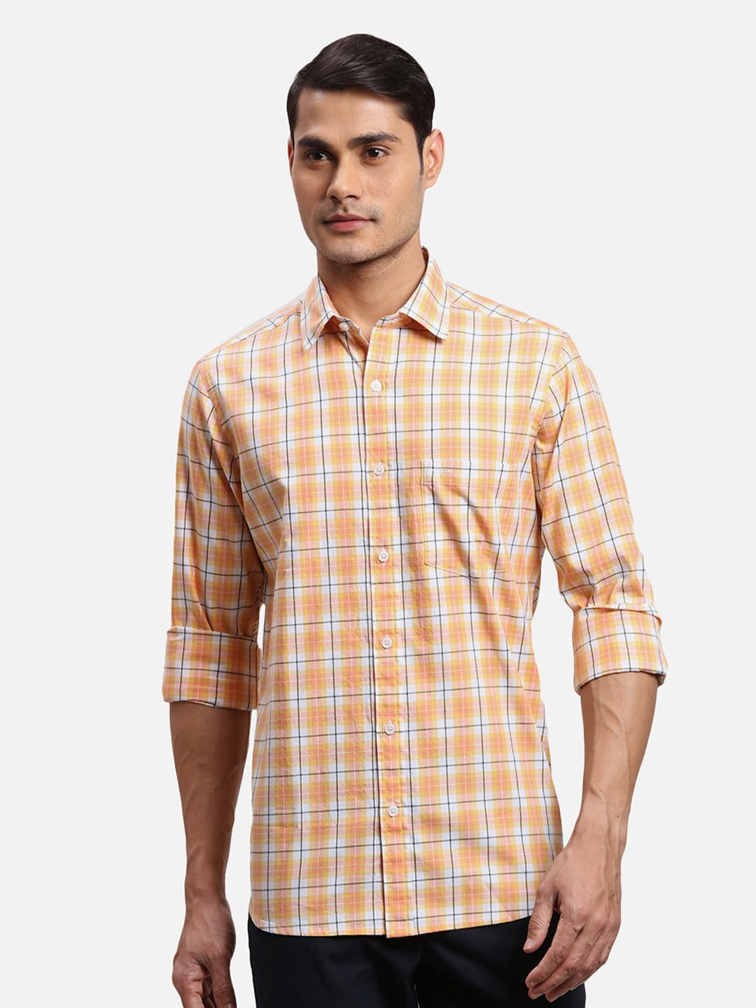 ColorPlus Checked Spread Collar Cotton Casual Shirt, Orange