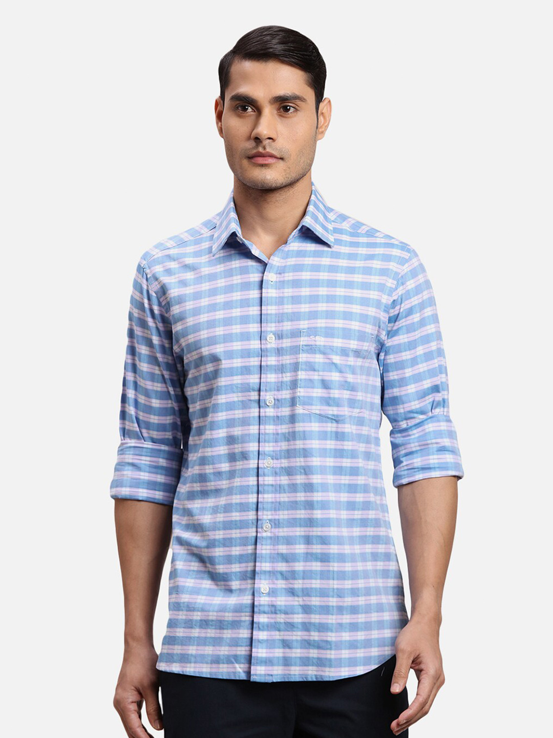 

ColorPlus Checked Spread Collar Cotton Casual Shirt, Blue