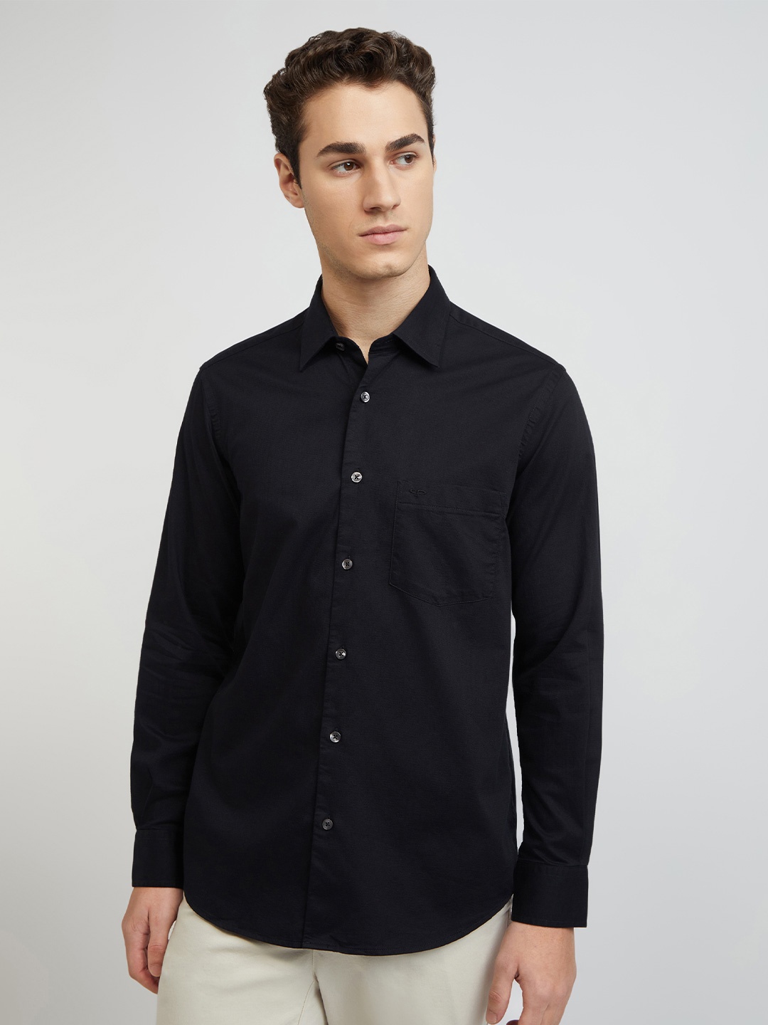 ColorPlus Spread Collar Cotton Casual Shirt, Black