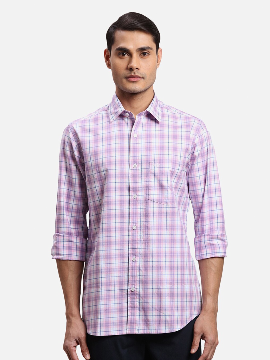 ColorPlus Checked Spread Collar Cotton Casual Shirt, Violet