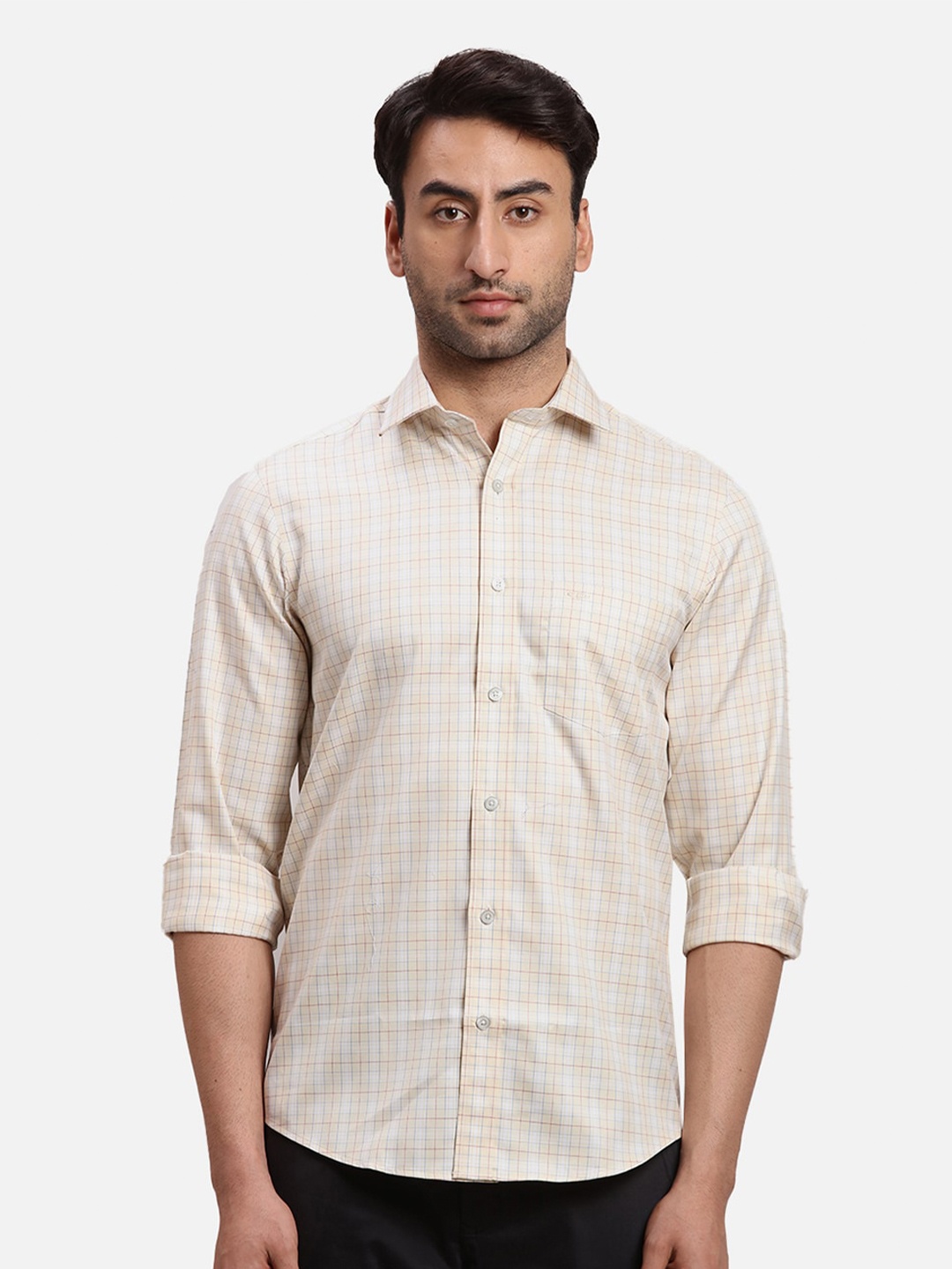 

ColorPlus Checked Spread Collar Cotton Casual Shirt, Beige