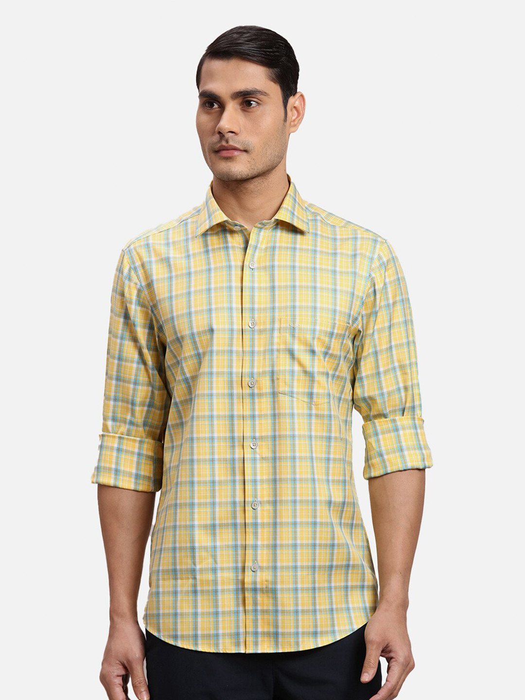 

ColorPlus Checked Spread Collar Cotton Casual Shirt, Yellow
