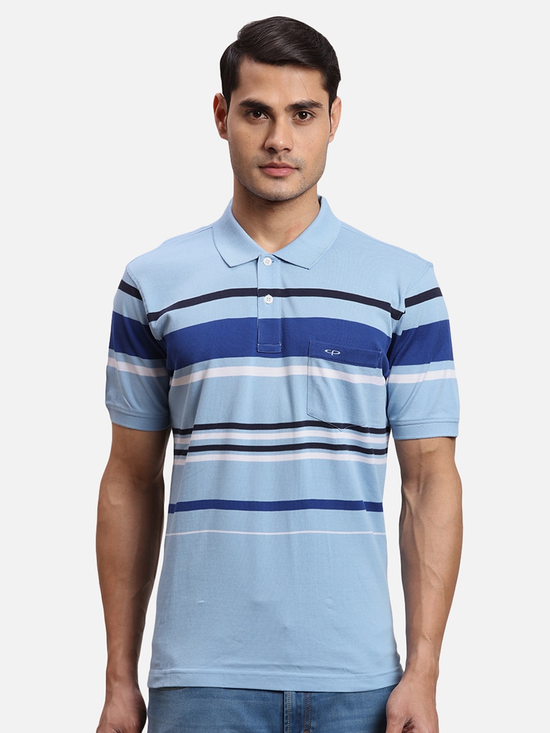 ColorPlus Striped Polo Collar Cotton T-shirt, Blue