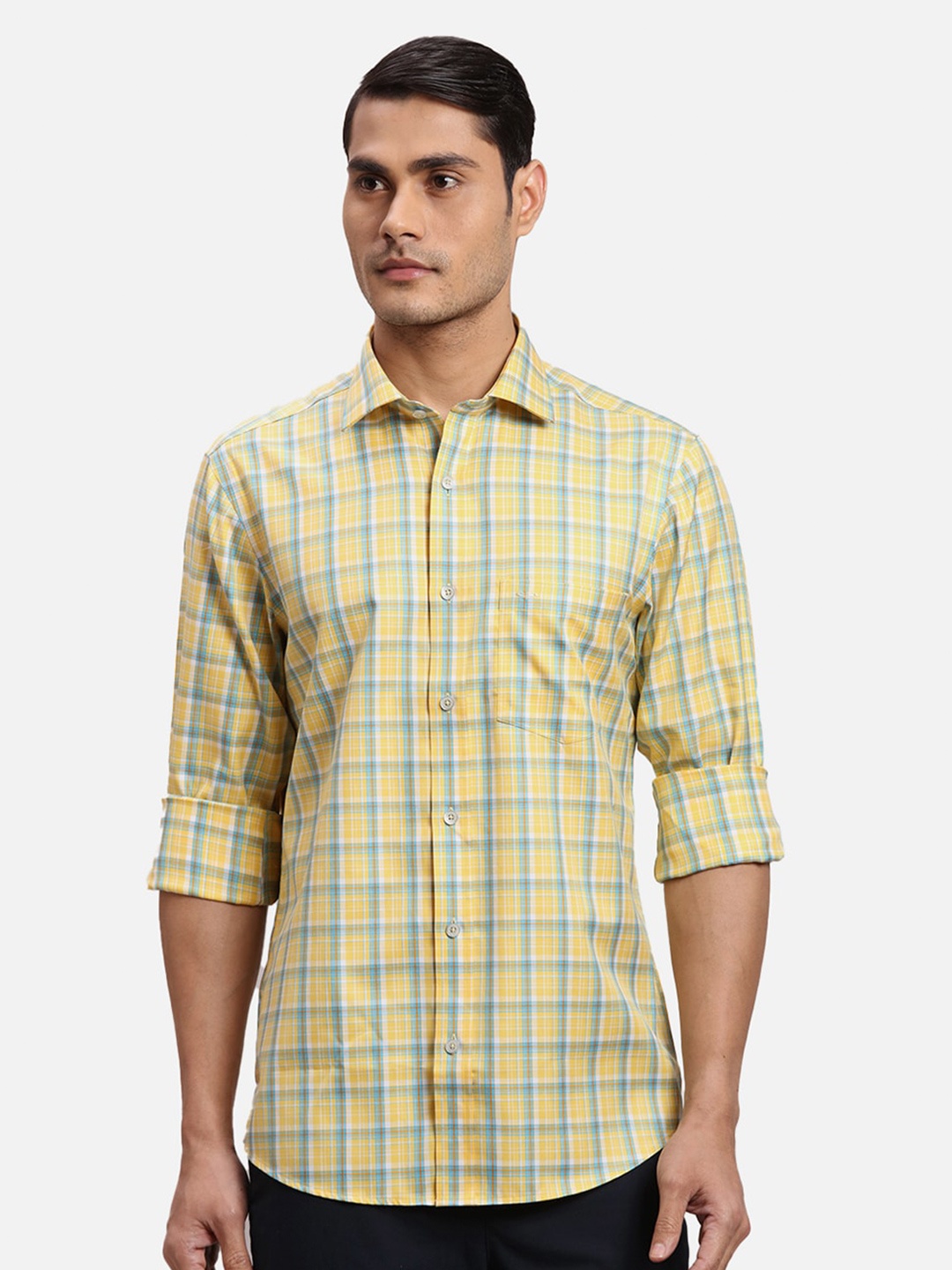 

ColorPlus Checked Spread Collar Cotton Casual Shirt, Yellow