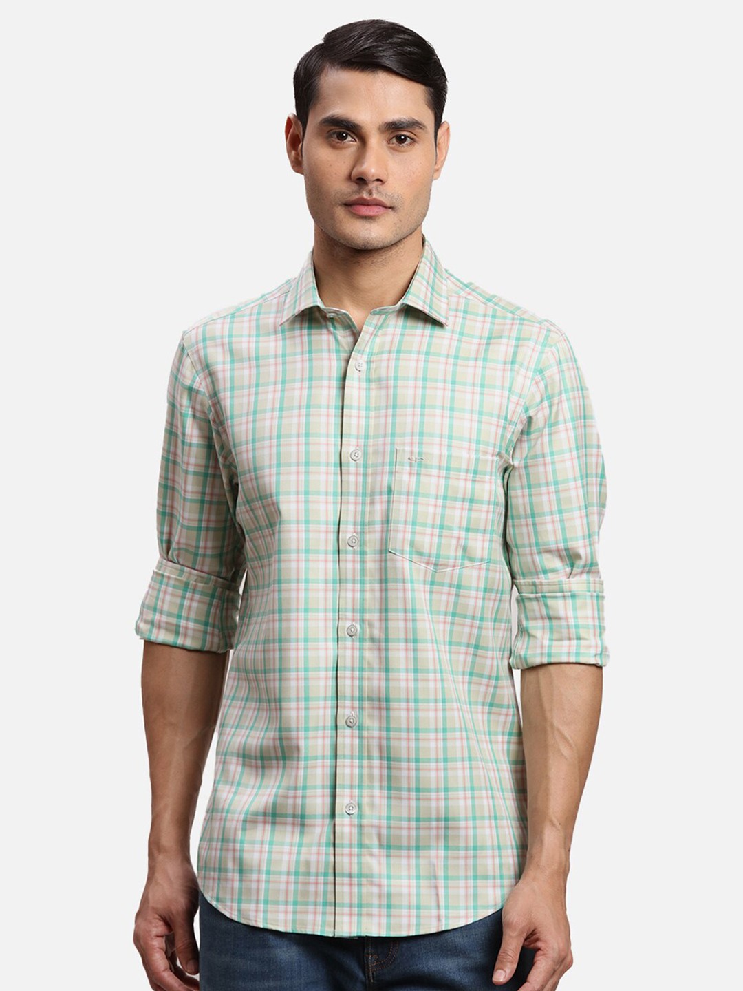 

ColorPlus Checked Spread Collar Cotton Casual Shirt, Green
