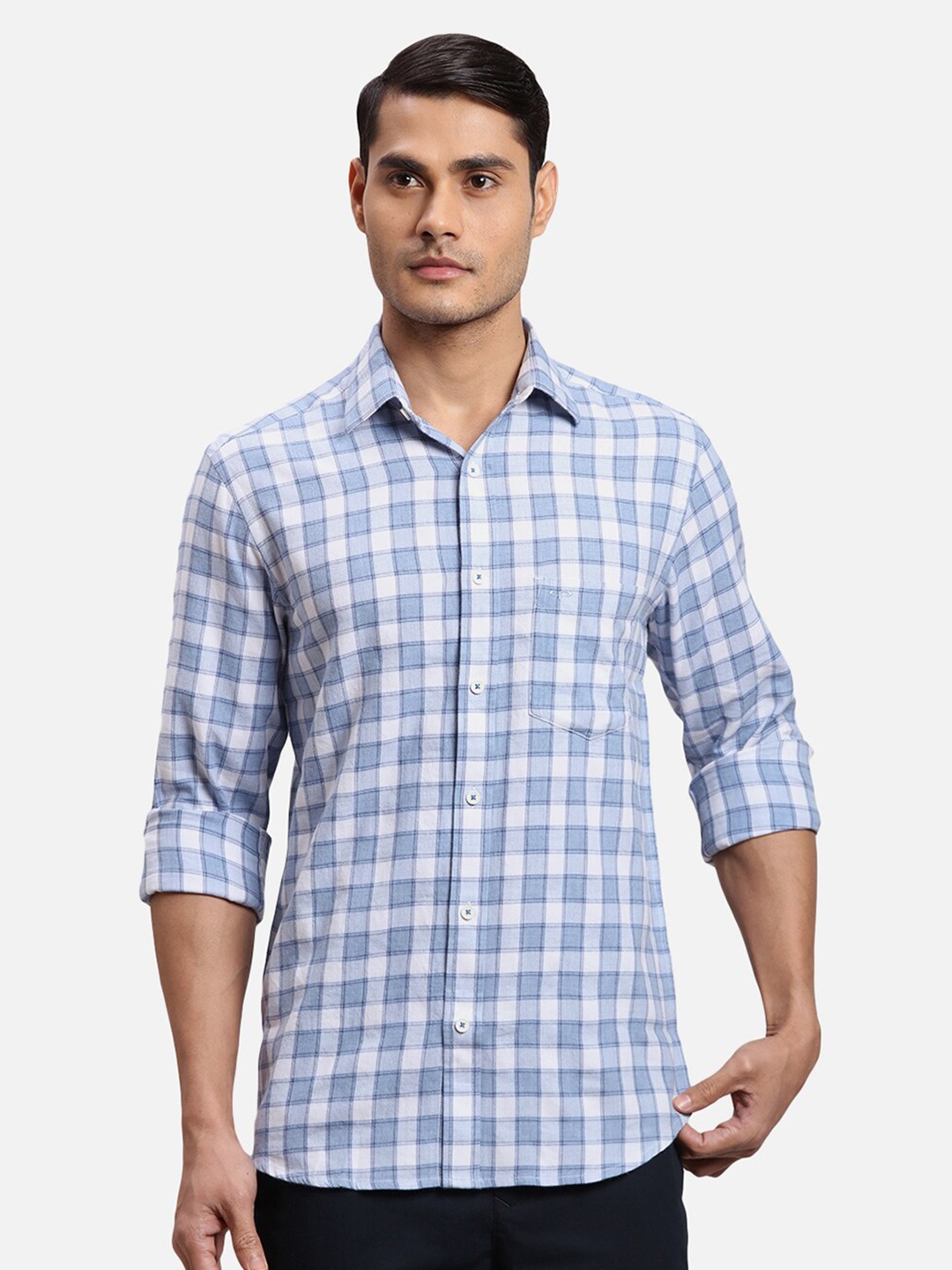 

ColorPlus Checked Spread Collar Cotton Casual Shirt, Blue