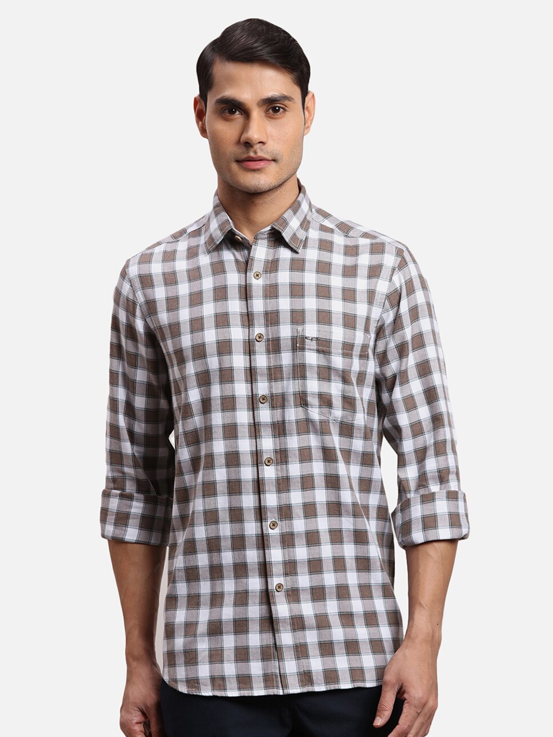 ColorPlus Checked Spread Collar Cotton Casual Shirt, Brown