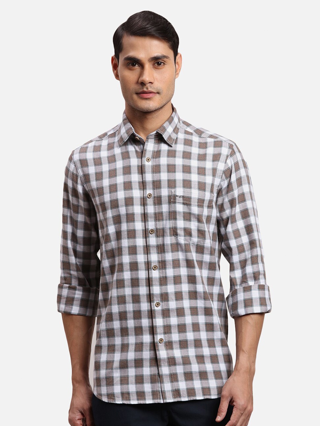 

ColorPlus Checked Spread Collar Cotton Casual Shirt, Brown