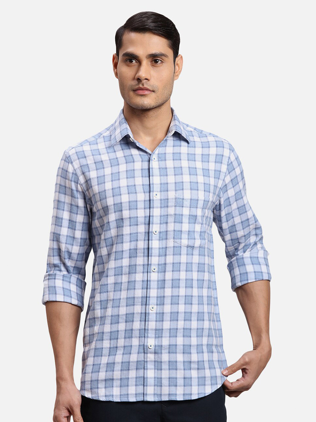 

ColorPlus Checked Spread Collar Cotton Casual Shirt, Blue