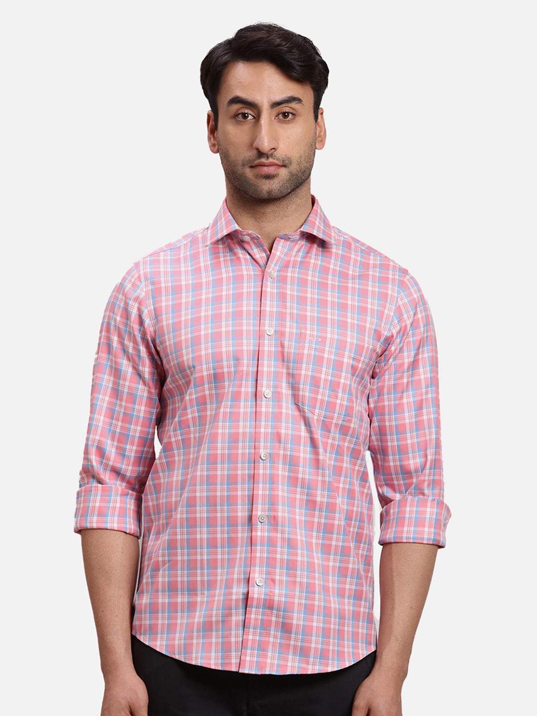 ColorPlus Checked Spread Collar Cotton Casual Shirt, Pink