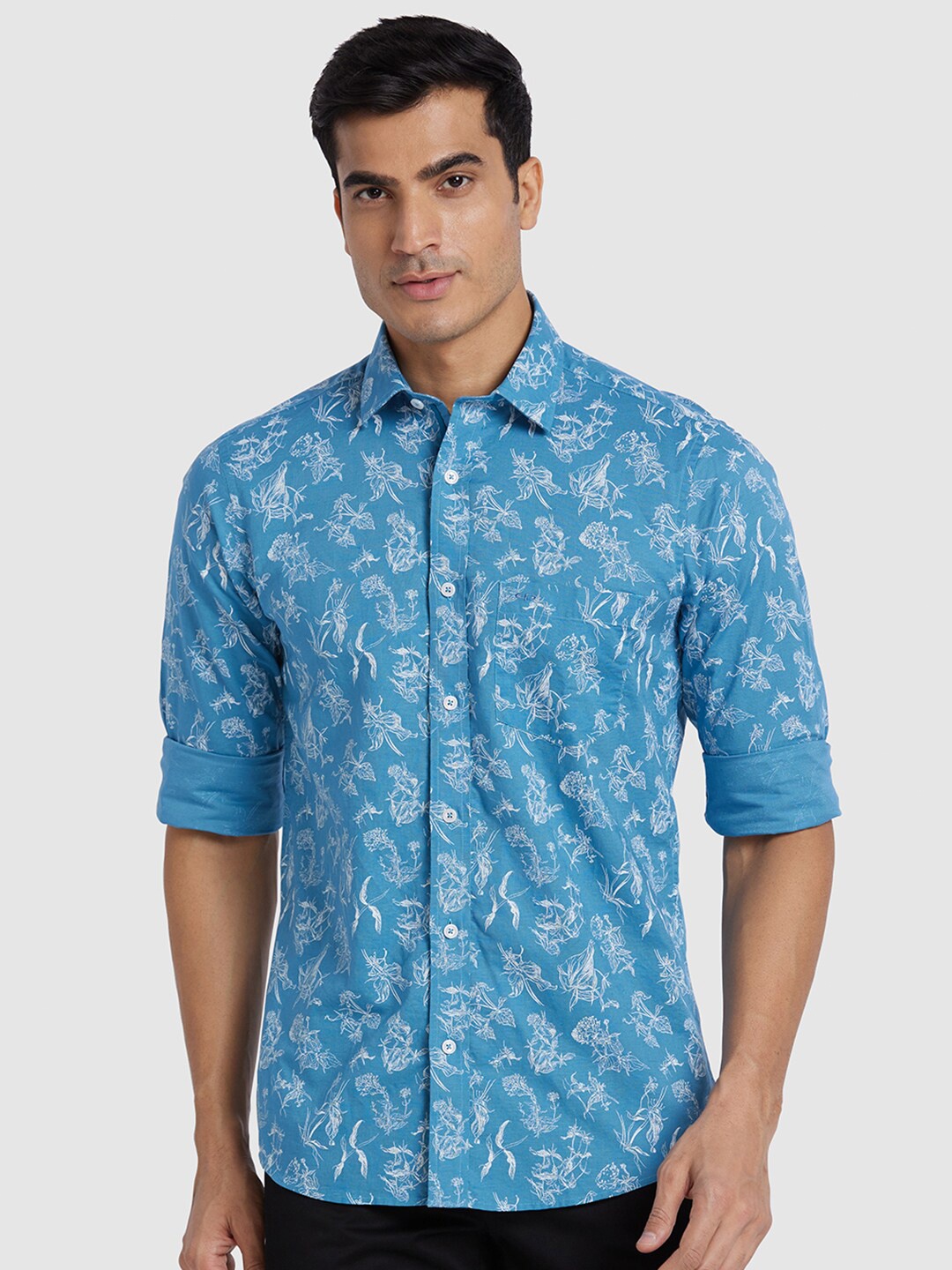 

ColorPlus Floral Printed Spread Collar Cotton Linen Casual Shirt, Blue