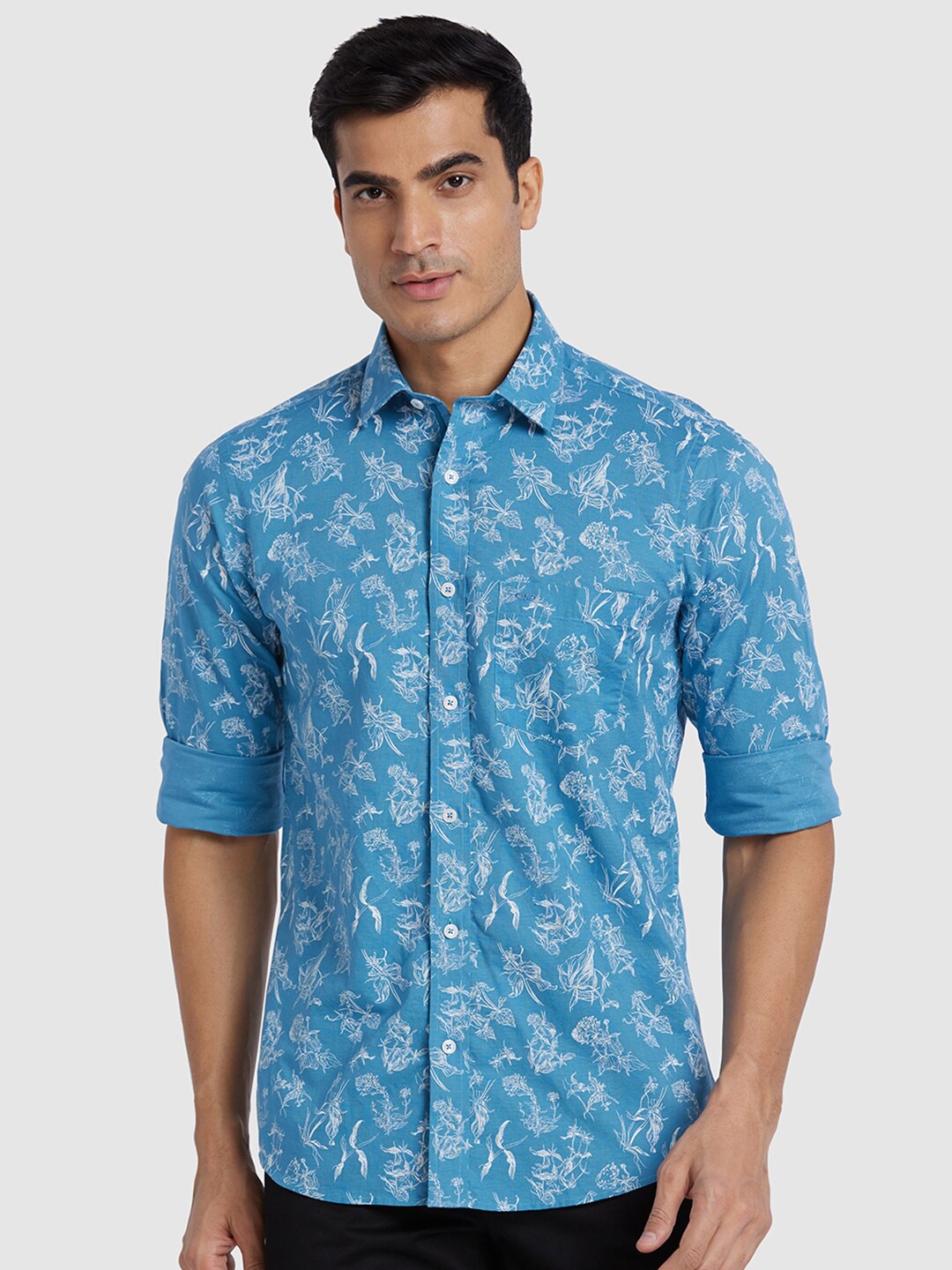 

ColorPlus Floral Printed Spread Collar Cotton Linen Casual Shirt, Blue