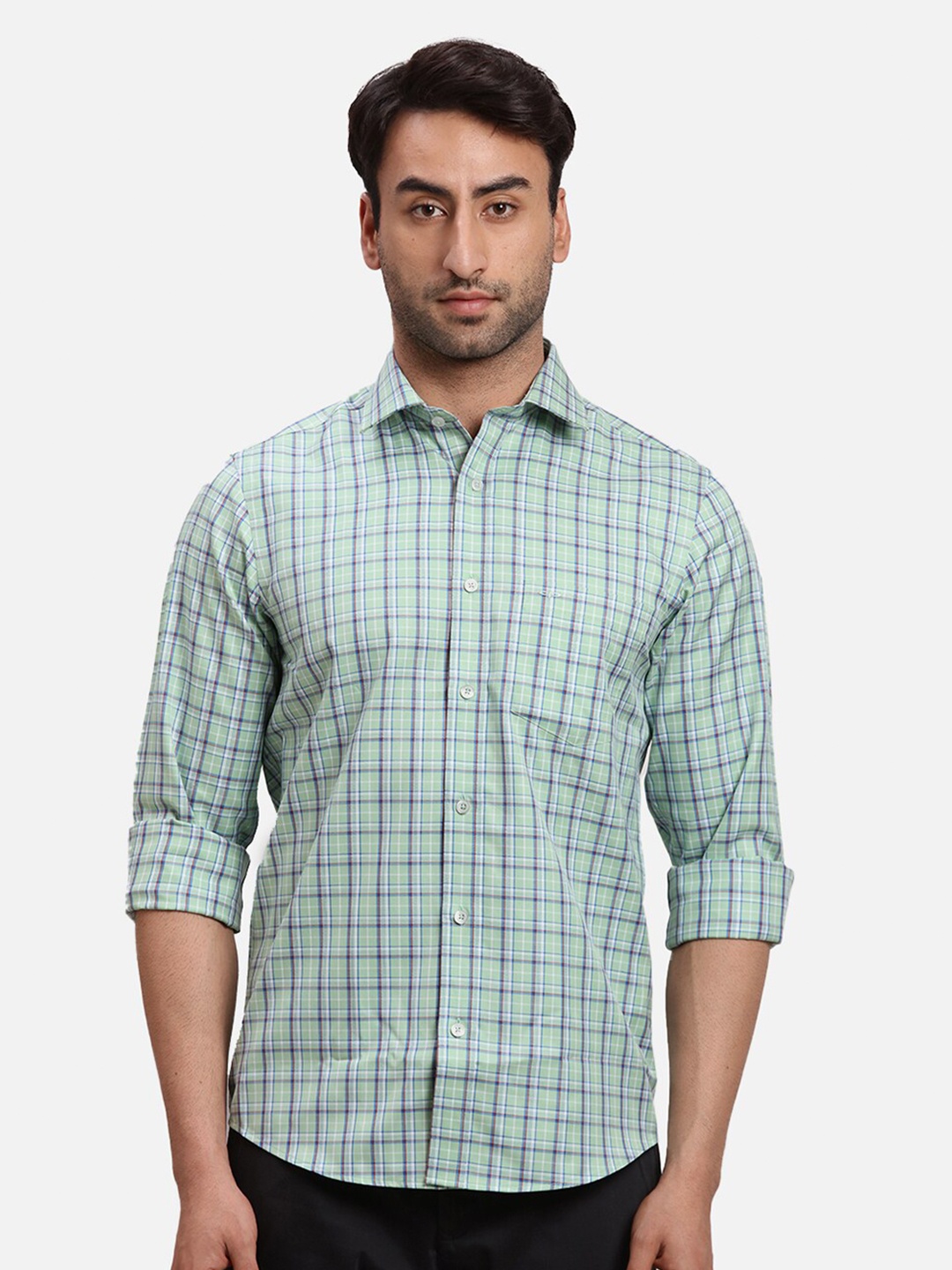 

ColorPlus Checked Spread Collar Cotton Casual Shirt, Green
