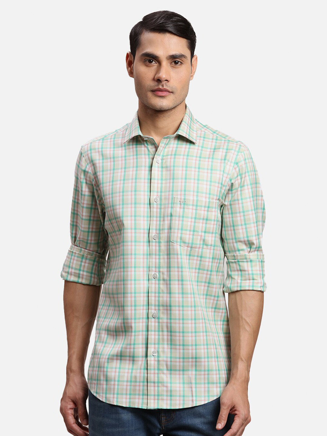 

ColorPlus Checked Spread Collar Cotton Casual Shirt, Green