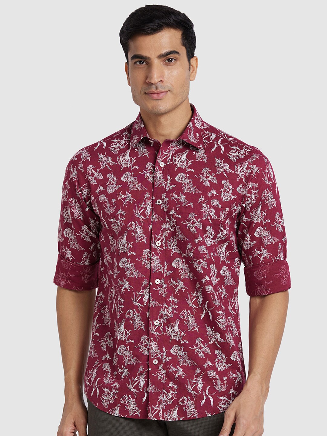 

ColorPlus Floral Printed Cotton Linen Casual Shirt, Maroon