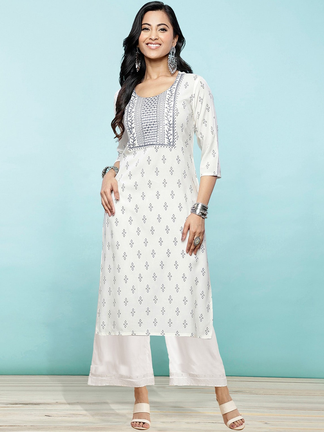

Rangita Women Ethnic Motifs Embroidered Regular Sequinned Kurta with Palazzos, Off white