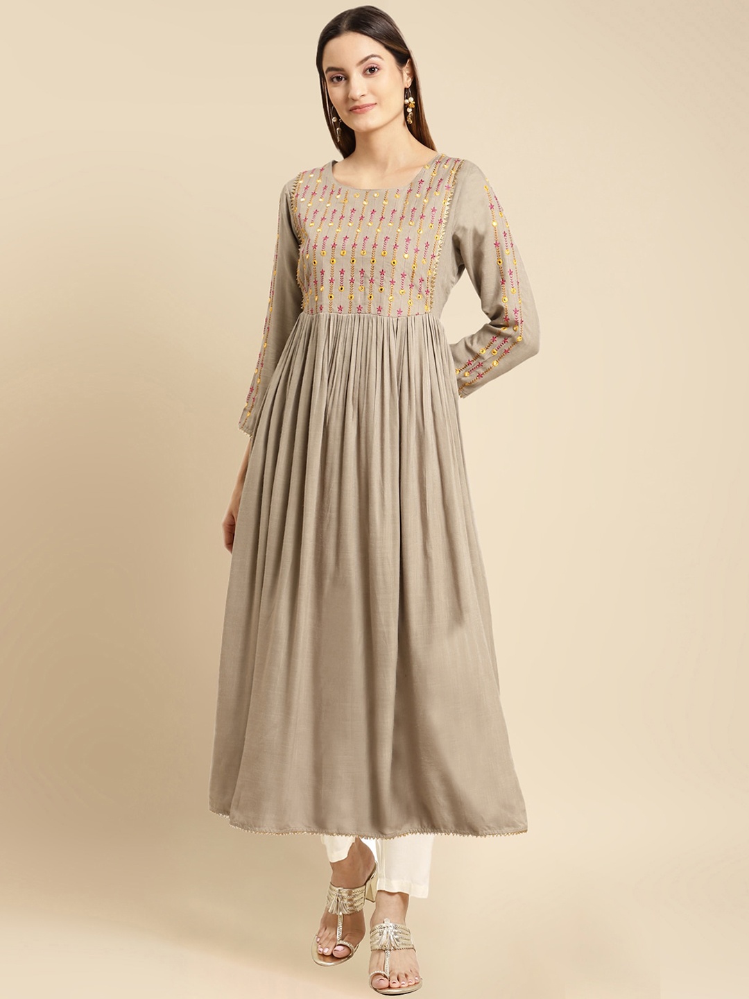 

Rangita Women Floral Embroidered Pleated Mirror Work Kurta with Trousers, Olive