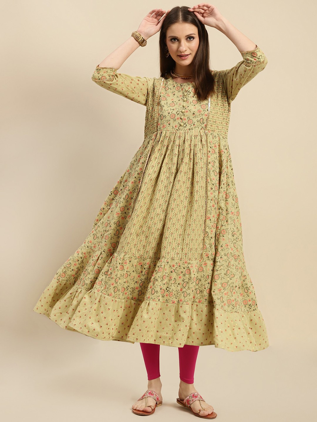 

Rangita Women Printed Regular Gotta Patti Pure Cotton Kurta with Churidar, Green