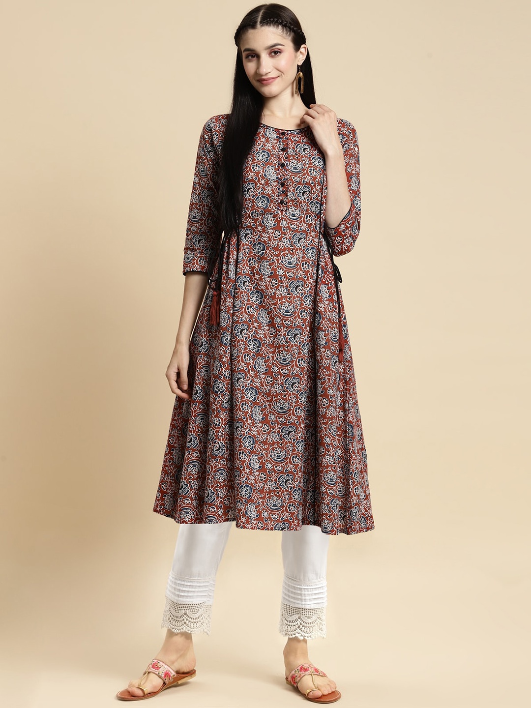 

Rangita Women Ethnic Motifs Printed Regular Sequinned Pure Cotton Kurta with Trousers, Rust