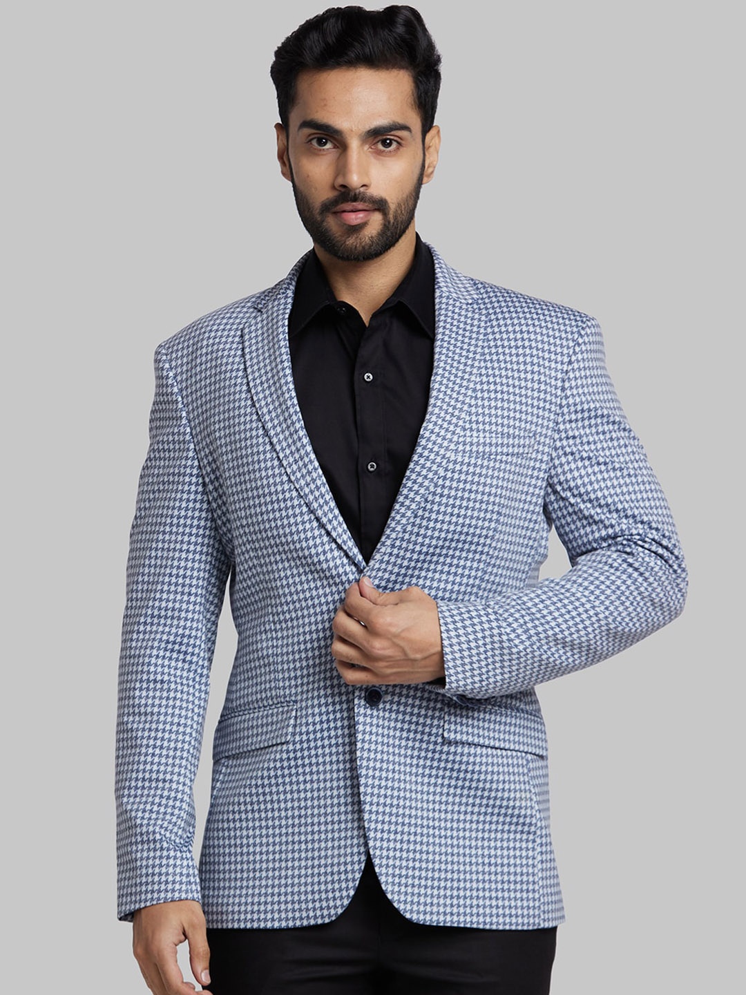 

Park Avenue Checked Notched Lapel Slim Fit Single Breasted Formal Blazer, Blue