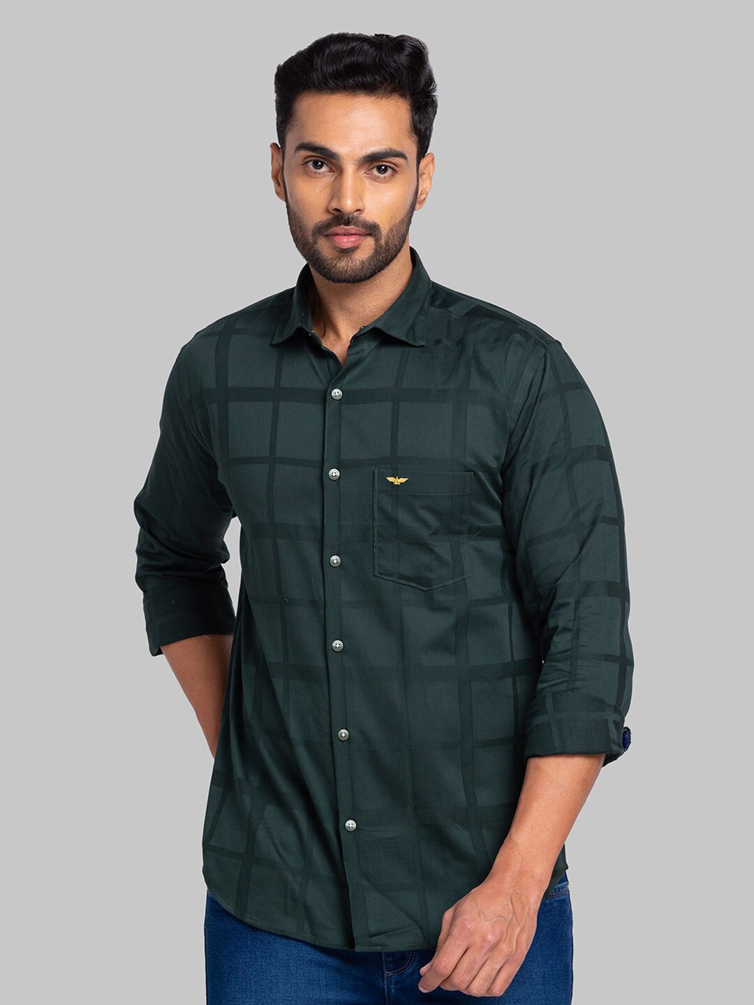 

Park Avenue Slim Fit Windowpane Checks Opaque Checked Casual Shirt, Green