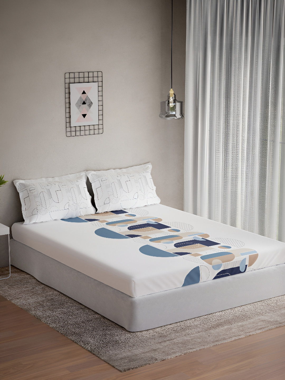 

DDecor White & Blue Geometric 144 TC Queen Bedsheet with 2 Pillow Covers