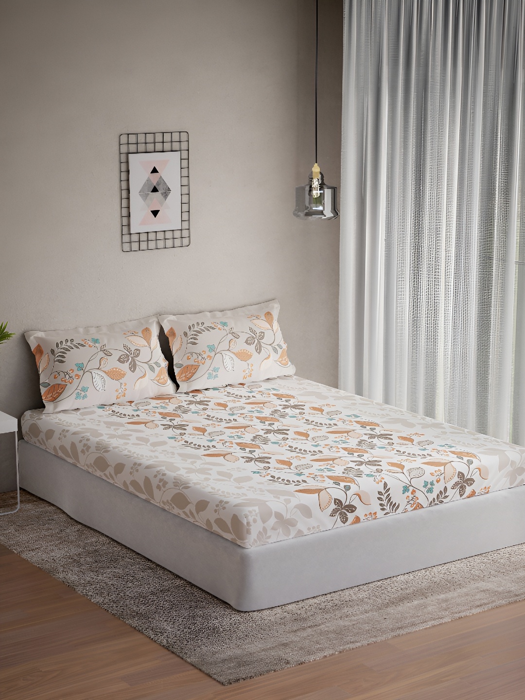 

DDecor Brown & White Floral 144 TC Queen Bedsheet with 2 Pillow Covers