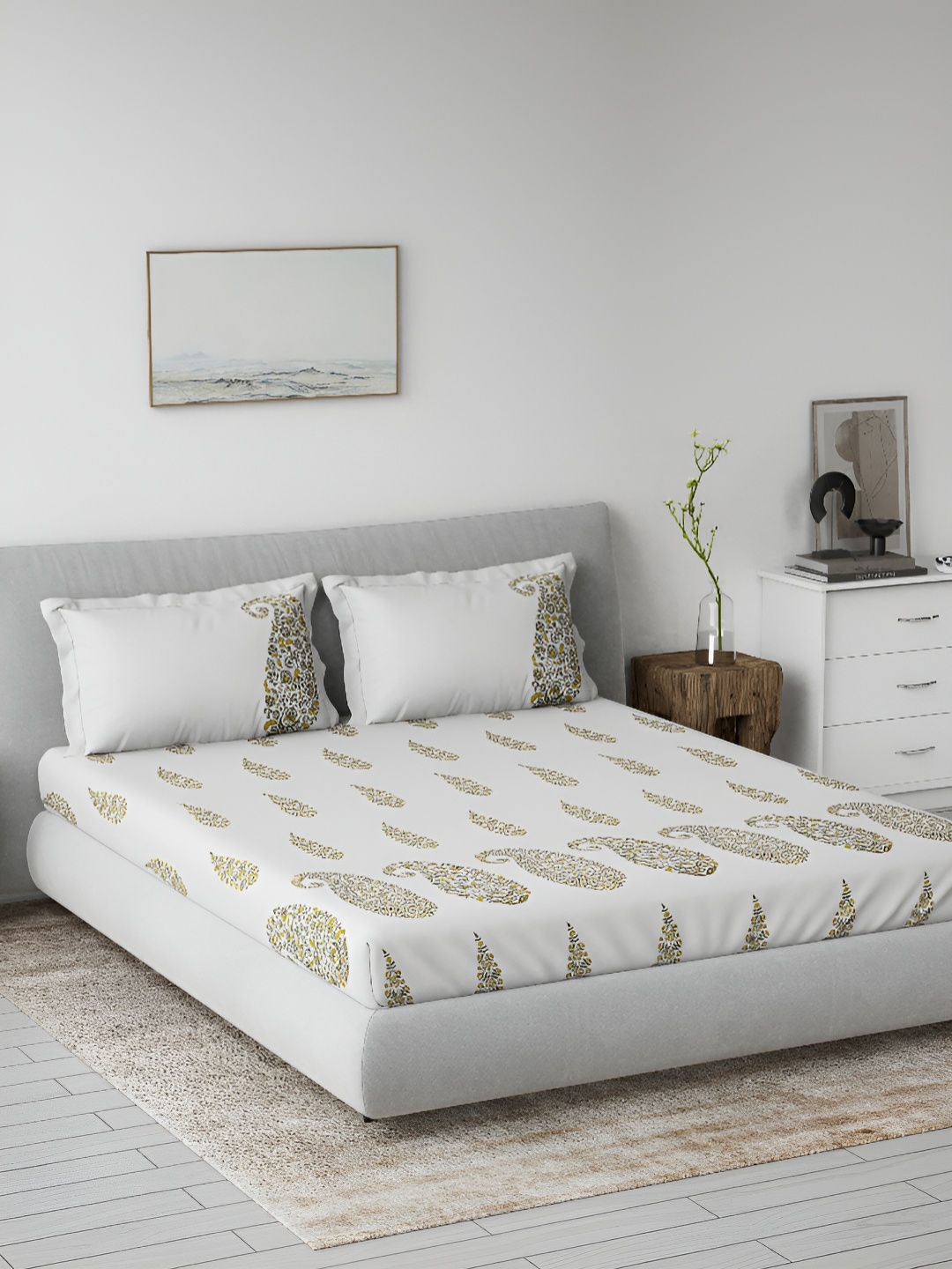 

DDecor White & Yellow Ethnic Motifs 144 TC King Bedsheet with 2 Pillow Covers