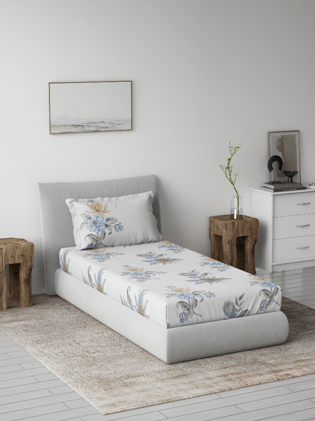 

DDecor Blue & White Floral 144 TC Single Bedsheet with 1 Pillow Covers