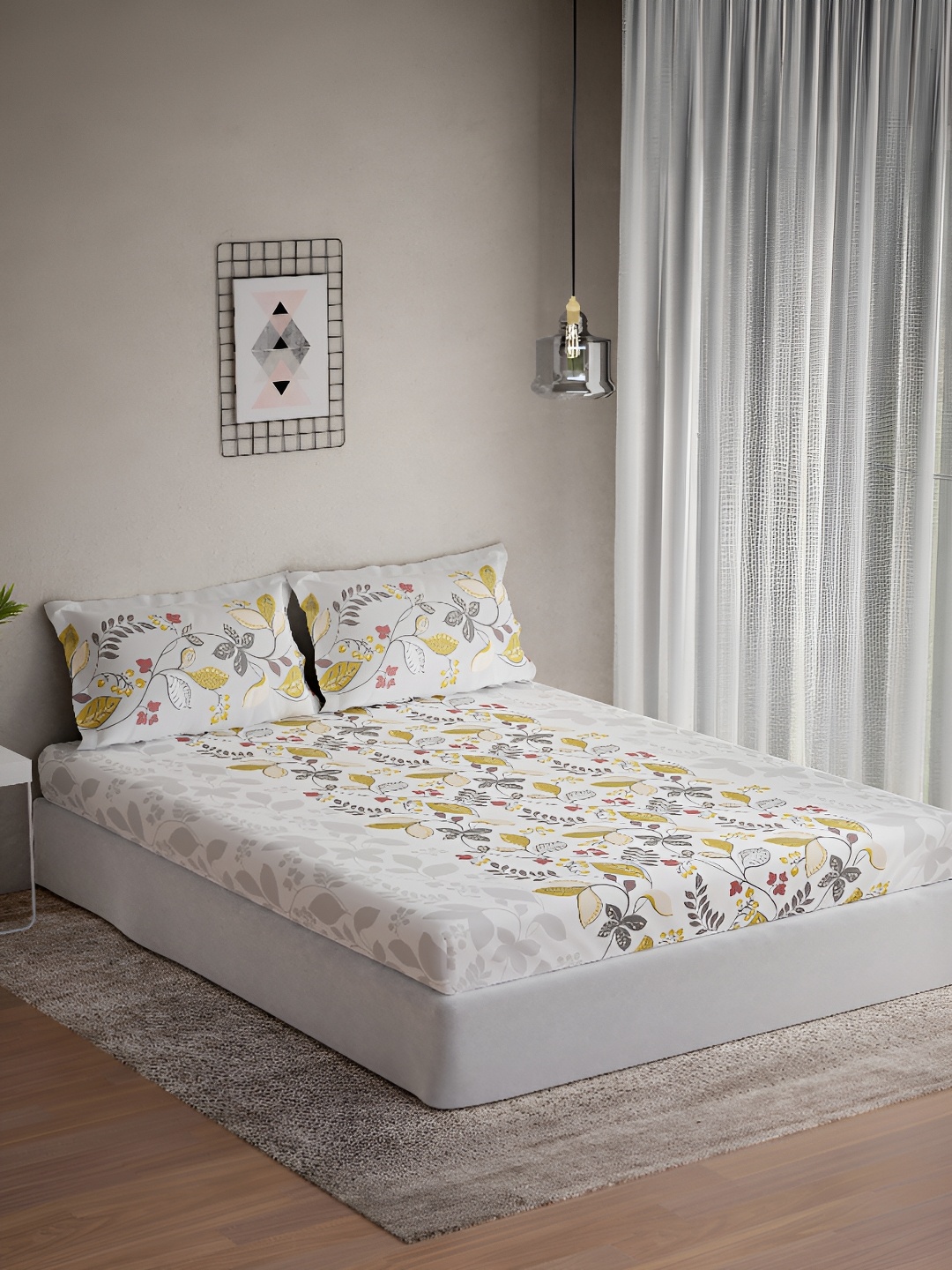 

DDecor Yellow & White Floral 144 TC Queen Bedsheet with 2 Pillow Covers
