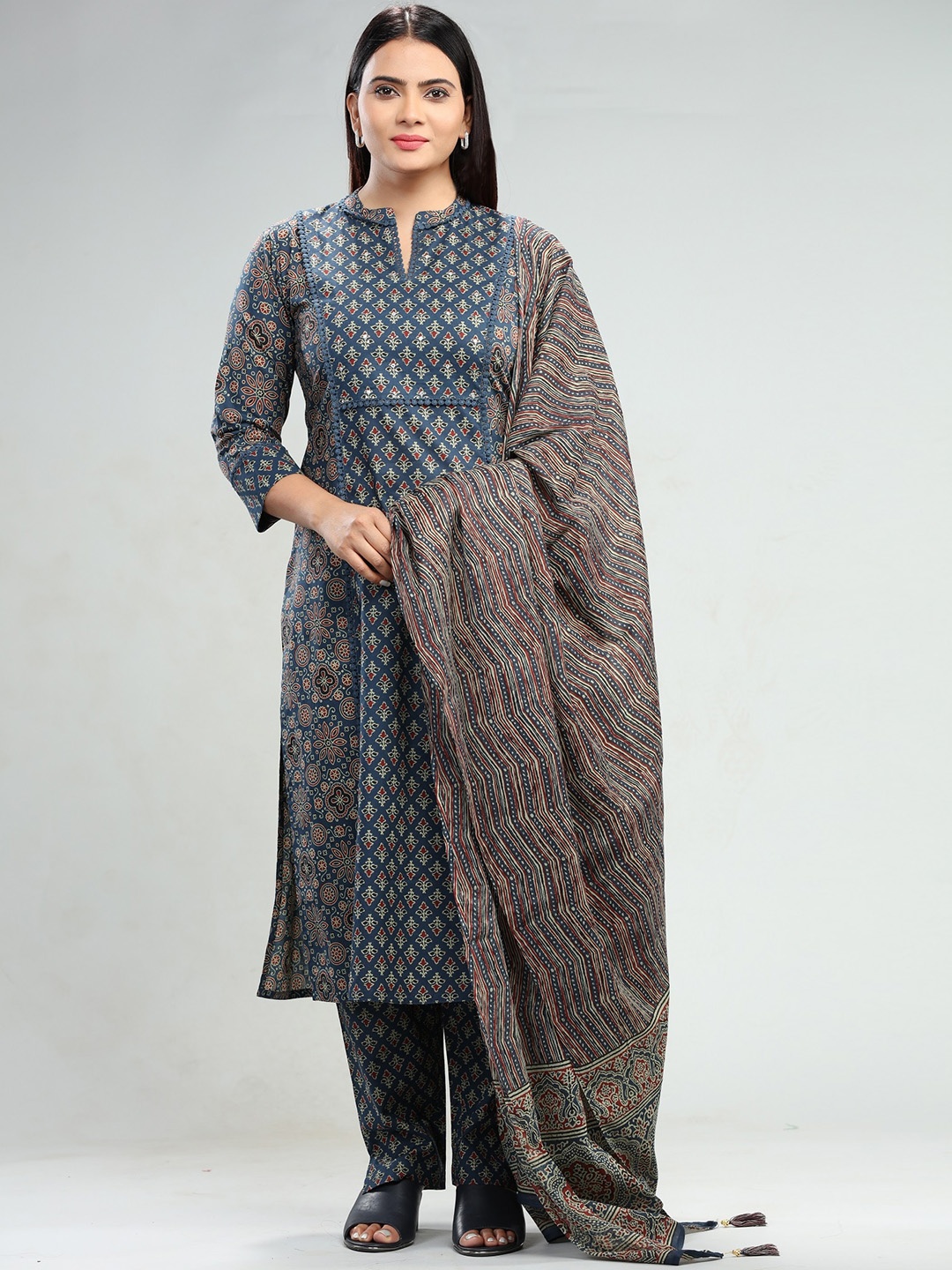 

COTTON CULTURE Ethnic Motifs Printed Cotton Kurta With Trousers & Dupatta, Navy blue